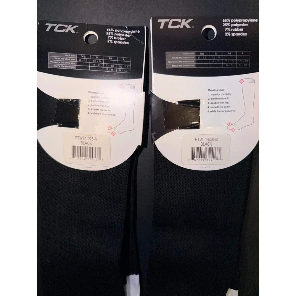 TCK Pro Sport PTWT1 Black White Over the Calf Athletic Socks 2 Pairs Mens Medium